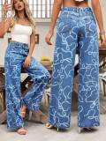 Women Casual Printed Denim Wide-Leg Pants