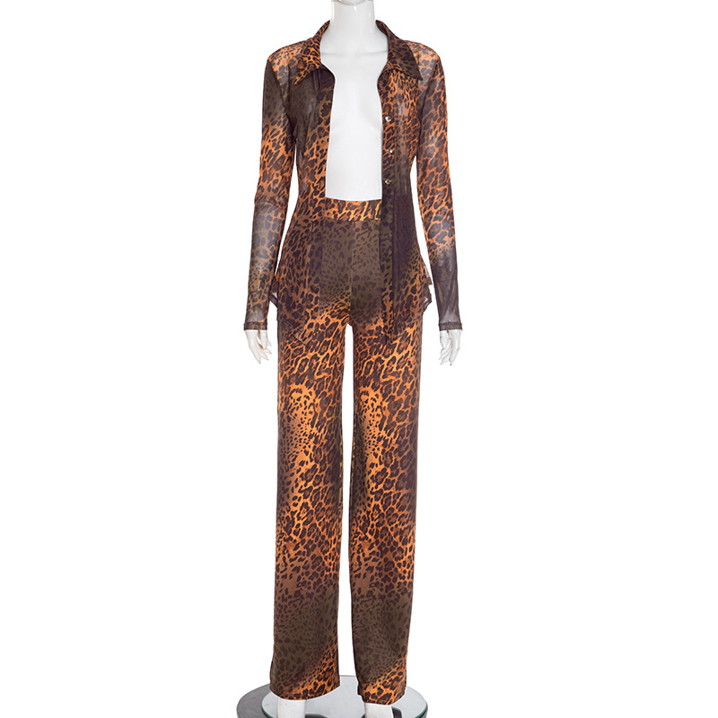 Women Autumn/Winter Leopard Print Mesh Turndown Collar Button Top and Bell Bottom Two-Piece Set