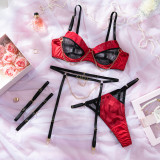 Women Lace Mesh Contrast Chain See-Through Bra and Lingerie Two-Piece Set