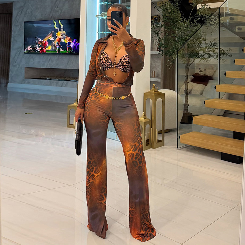 Women Autumn/Winter Leopard Print Mesh Turndown Collar Button Top and Bell Bottom Two-Piece Set