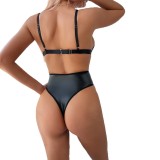Women Pu Leather Lace-Up Perforated Suspender Bodysuit
