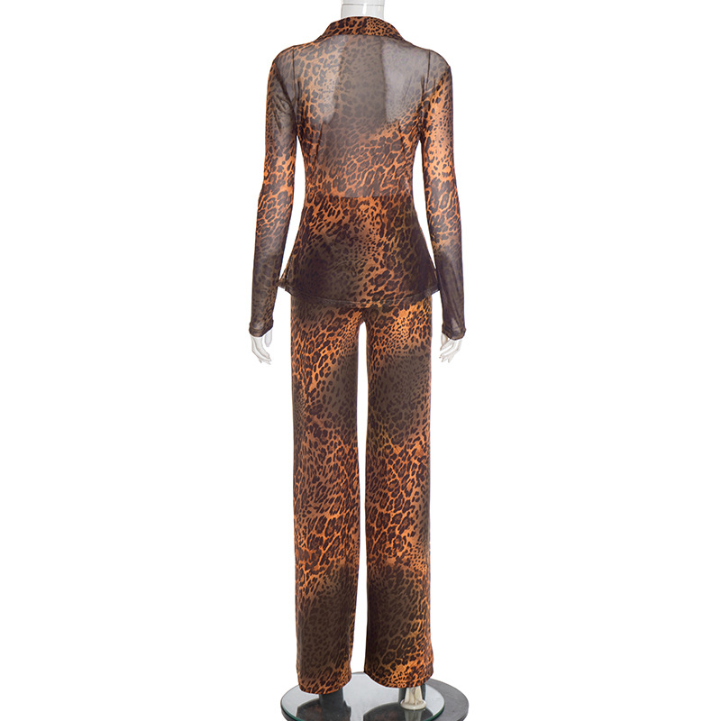 Women Autumn/Winter Leopard Print Mesh Turndown Collar Button Top and Bell Bottom Two-Piece Set