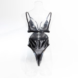 Women Pu Leather Lace-Up Perforated Suspender Bodysuit