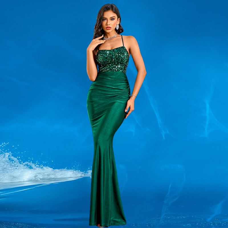 Women Solid Strapless Off-Shoulder Sequined Backless Lace-Up Fishtail Evening Dress