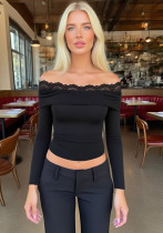 Women Autumn Long-Sleeved Lace Off-Shoulder Top T-Shirt