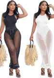 Women Sleeveless Sexy Cutout Pants Mesh Two-Piece Set