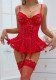 Women Red Beaded Sequin Patchwork Floral Lace-Up See-Through Lingerie Set