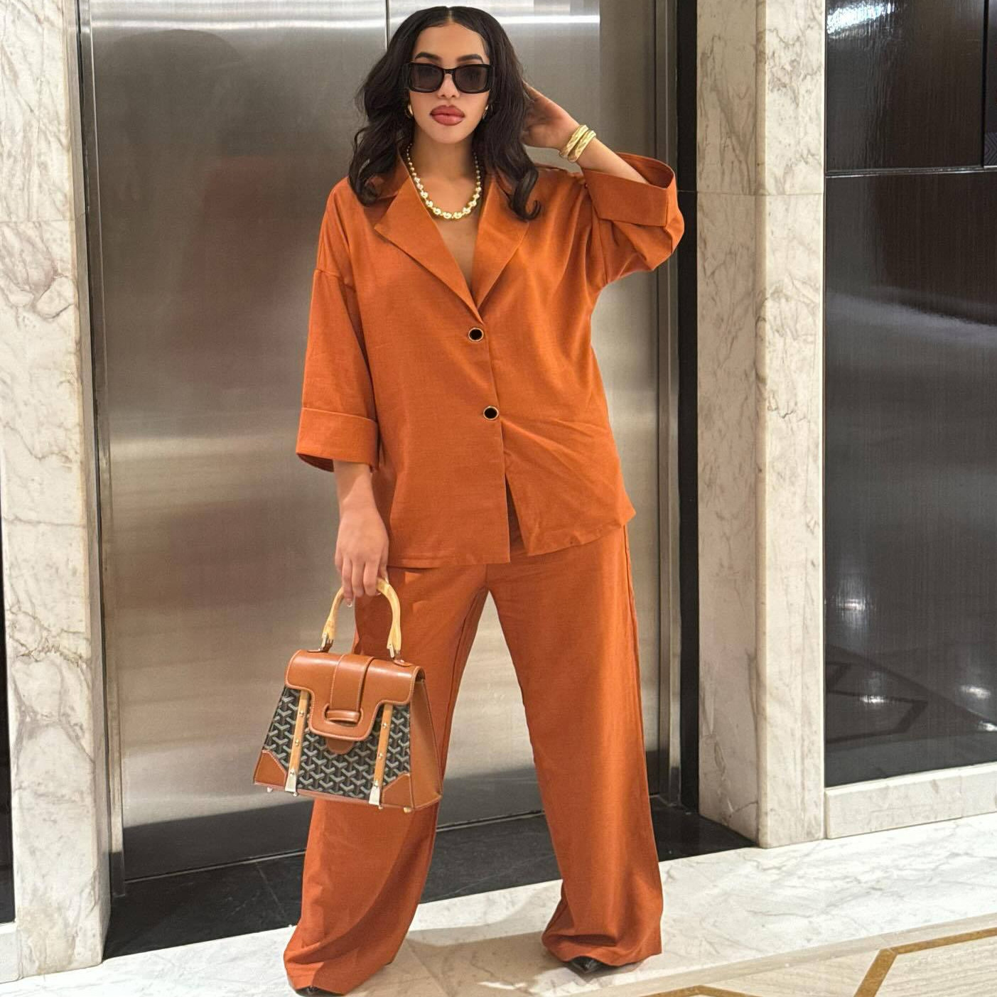 Women Turndown Collar Shirt and Pant Two-Piece Set