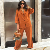 Women Turndown Collar Shirt and Pant Two-Piece Set
