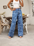 Women Casual Printed Denim Wide-Leg Pants