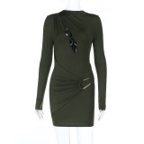 Women Sexy V-Neck Hollow Metal Button Long-Sleeved Bodycon Dress