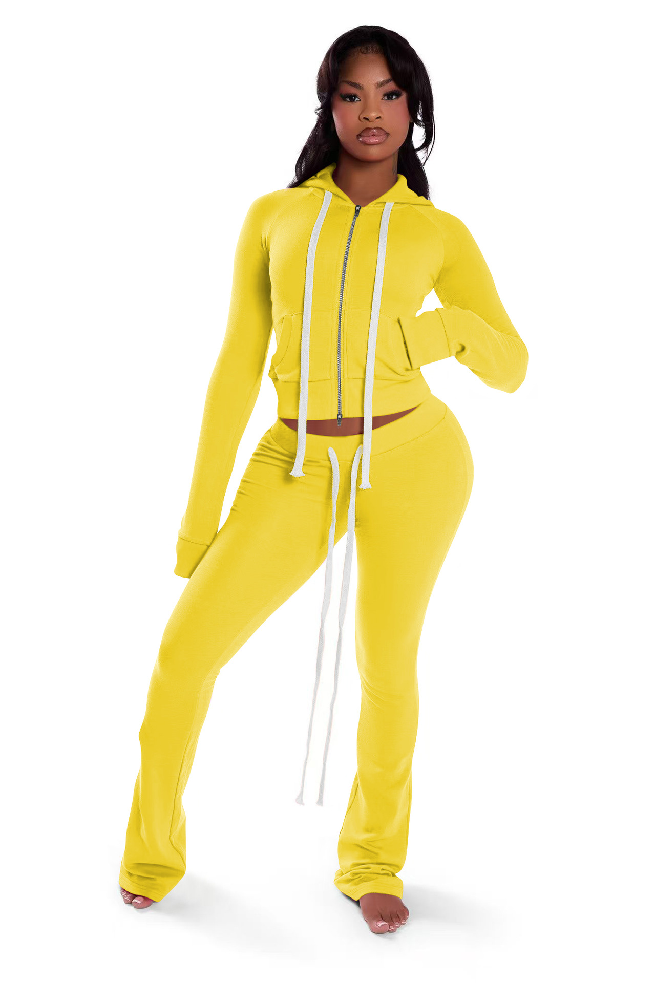 Women Zippered Hooded Top and Pant Two-Piece Set