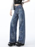 Blue Jacquard Denim Pants Women Loose Wide Leg Straight Leg Trousers