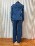 Women Denim Long Sleeve Turndown Collar Pocket Top and Lace-up Pants Two Piece Set
