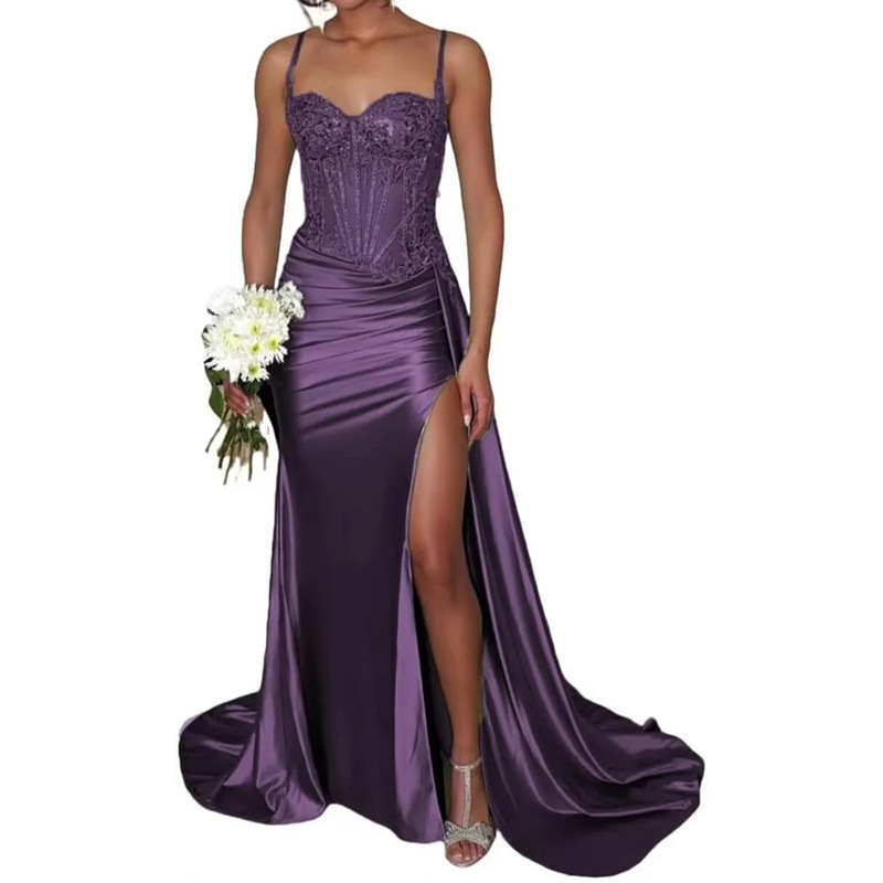 Satin Slit Sexy Evening Gown Strap Long Dress Slim Waist Slimming Ball Gown(Processing time need 3-6 days)