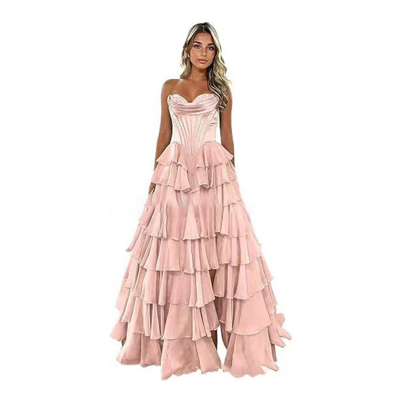Strapless Tiered Puff Ball Gown Long Dress Slim Strapless Evening Gown(Processing time need 3-6 days)