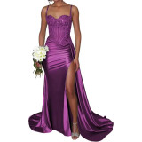 Satin Slit Sexy Evening Gown Strap Long Dress Slim Waist Slimming Ball Gown（Processing time need 3-6 days）