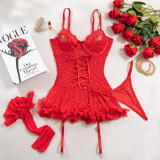 Women Red Beaded Sequin Patchwork Floral Lace-Up See-Through Lingerie Set