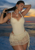 Sexy Ruffle Lace Skirt Tight Fitting One-Piece Solid Color Swimsuit Set