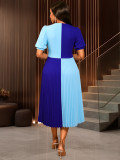 Color Block Patchwork V-Neck Sexy A-Line Dress Slim Waist Party Pleated Dress