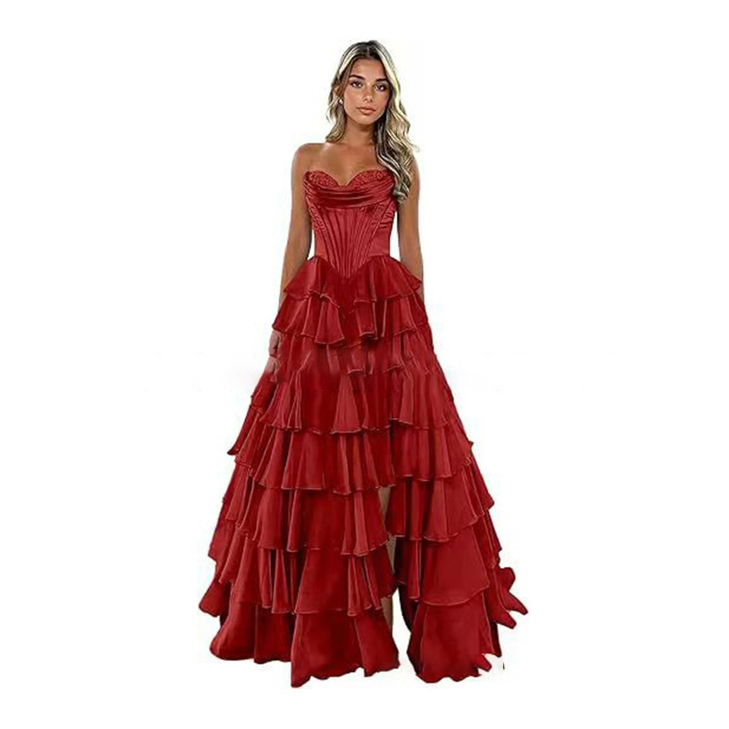 Strapless Tiered Puff Ball Gown Long Dress Slim Strapless Evening Gown(Processing time need 3-6 days)