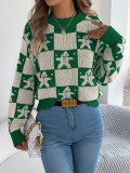 Women's Christmas Autumn Winter Snowman Plaid Lantern Sleeve Pullover Sweater