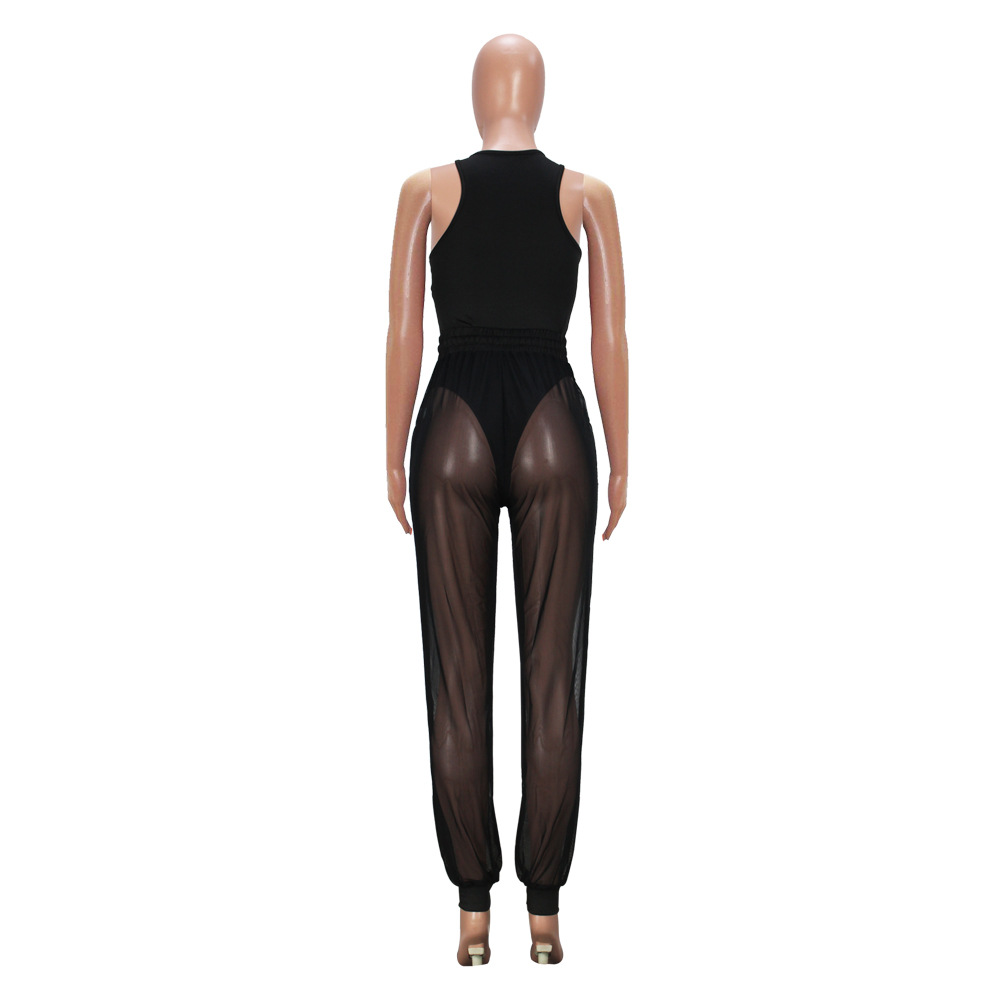 Women Sleeveless Sexy Cutout Pants Mesh Two-Piece Set