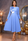 Autumn Elegant Round Neck Long Sleeve Dress Floral Color Block Leaf Pleated Formal Party Dress