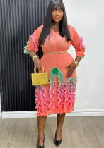 Africa Plus Size Dress Fashion Rainbow Ruffle Chic Elegant Slim Fit Midi Dress