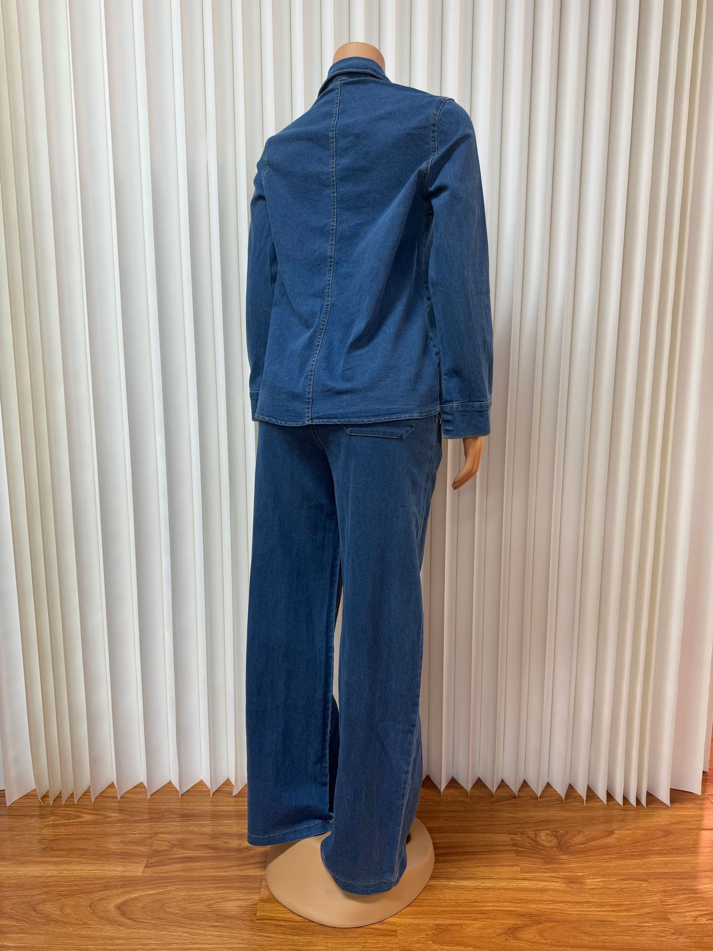 Women Denim Long Sleeve Turndown Collar Pocket Top and Lace-up Pants Two Piece Set