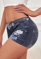 Seamless Simulated Denim Pattern Print Outdoor Wear High Stretch Mid-Rise Women's Square Leg Shorts