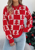 Women's Autumn Winter Christmas Tree Plaid Lantern Sleeve Pullover Sweater
