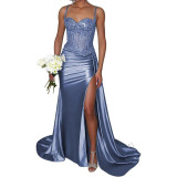 Satin Slit Sexy Evening Gown Strap Long Dress Slim Waist Slimming Ball Gown（Processing time need 3-6 days）