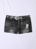 Seamless Simulated Denim Pattern Print Outdoor Wear High Stretch Mid-Rise Women's Square Leg Shorts