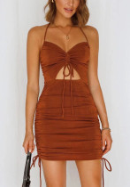 Summer Women's Fashion Slim Fit Lace-Up Drawstring Halter Neck Mini Dress