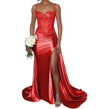 Satin Slit Sexy Evening Gown Strap Long Dress Slim Waist Slimming Ball Gown（Processing time need 3-6 days）