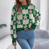 Women's Christmas Autumn Winter Snowman Plaid Lantern Sleeve Pullover Sweater
