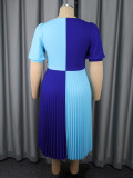 Color Block Patchwork V-Neck Sexy A-Line Dress Slim Waist Party Pleated Dress