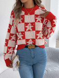 Women's Christmas Autumn Winter Snowman Plaid Lantern Sleeve Pullover Sweater