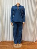 Women Denim Long Sleeve Turndown Collar Pocket Top and Lace-up Pants Two Piece Set