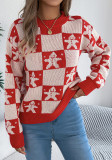 Women's Christmas Autumn Winter Snowman Plaid Lantern Sleeve Pullover Sweater