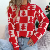 Women's Autumn Winter Christmas Tree Plaid Lantern Sleeve Pullover Sweater