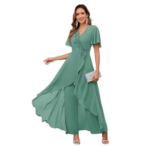 V-Neck Mother's Dress Solid Color Pants Two-Piece Set