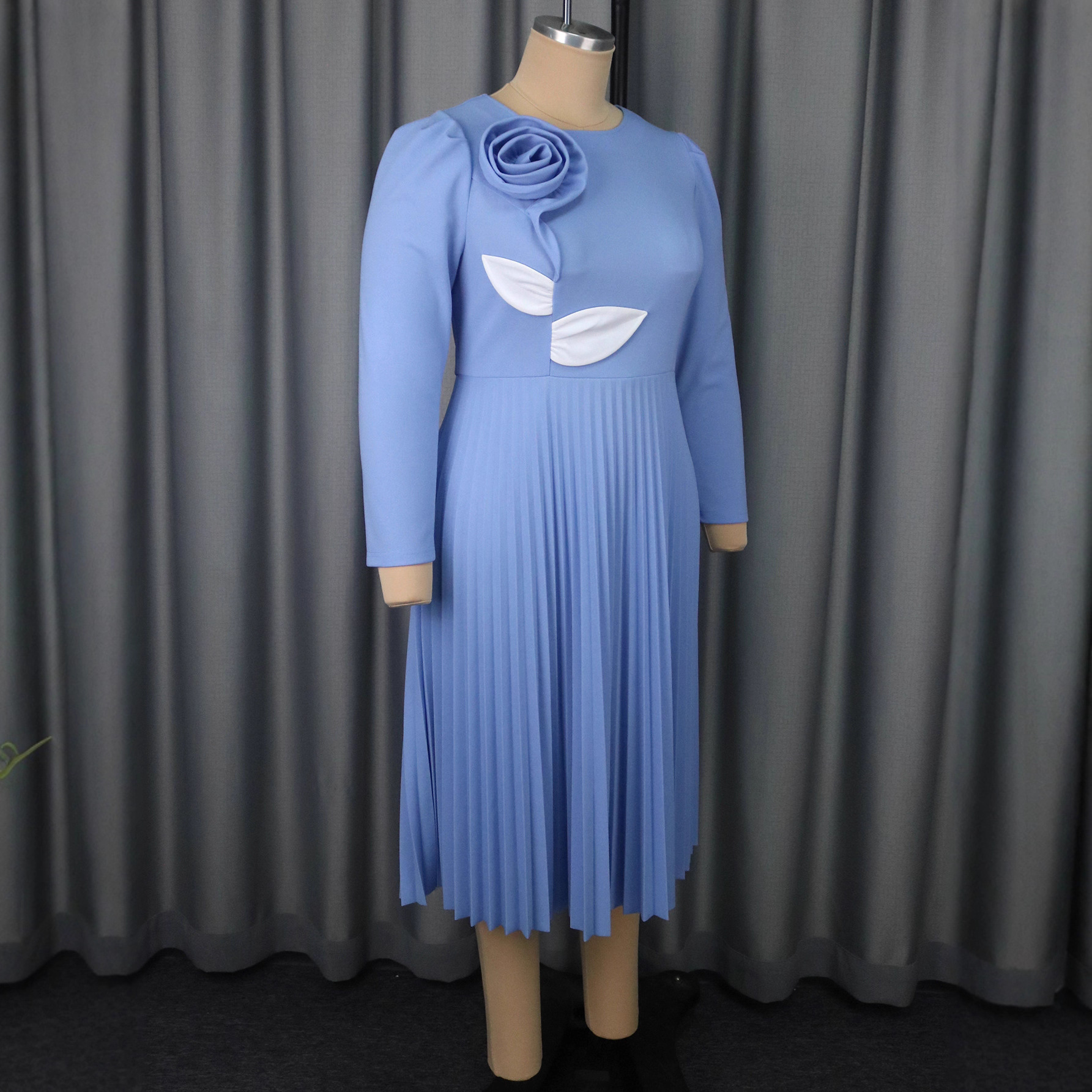 Autumn Elegant Round Neck Long Sleeve Dress Floral Color Block Leaf Pleated Formal Party Dress