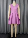 Summer Floral Sleeveless A-Line Short Dress Deep V Elegant Party Evening Gown