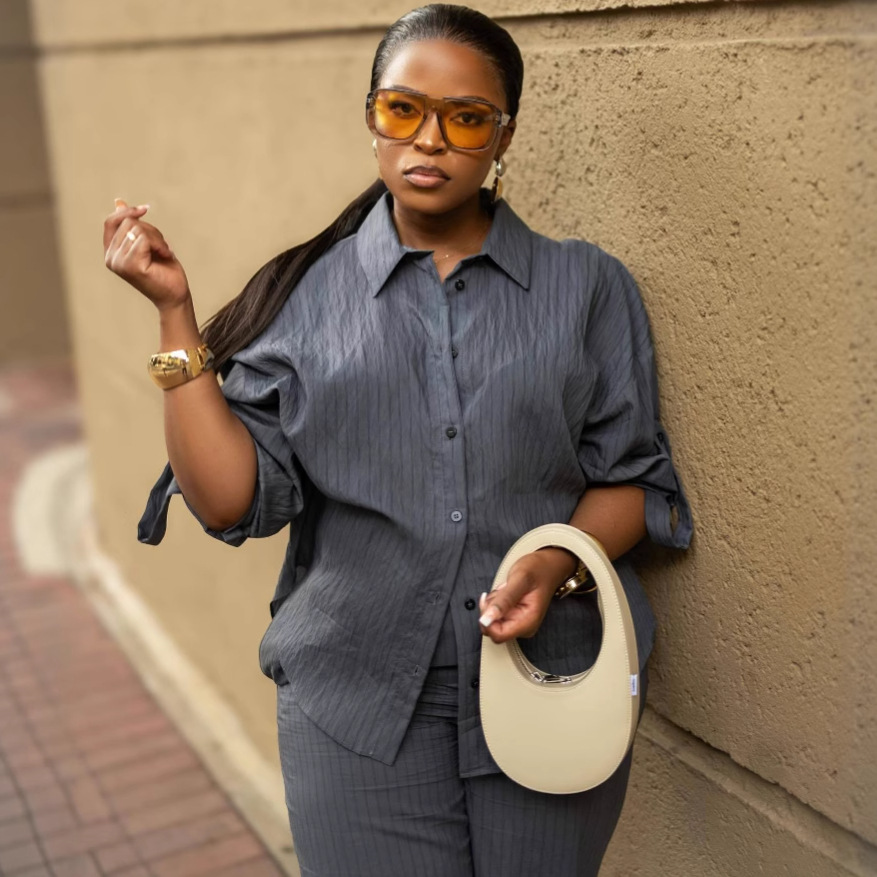Africa Casual Women's Long Sleeve Striped Shirt High Waist Pants Trendy Fashion Two-Piece Set
