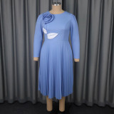 Autumn Elegant Round Neck Long Sleeve Dress Floral Color Block Leaf Pleated Formal Party Dress