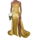 Satin Slit Sexy Evening Gown Strap Long Dress Slim Waist Slimming Ball Gown（Processing time need 3-6 days）