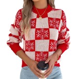Women's Christmas Autumn Winter Snowflake Plaid Lantern Sleeve Pullover Sweater