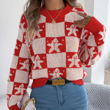 Women's Christmas Autumn Winter Snowman Plaid Lantern Sleeve Pullover Sweater